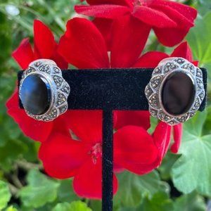 VTG 925 Silver Marcasite Black Stone Oval EARRING